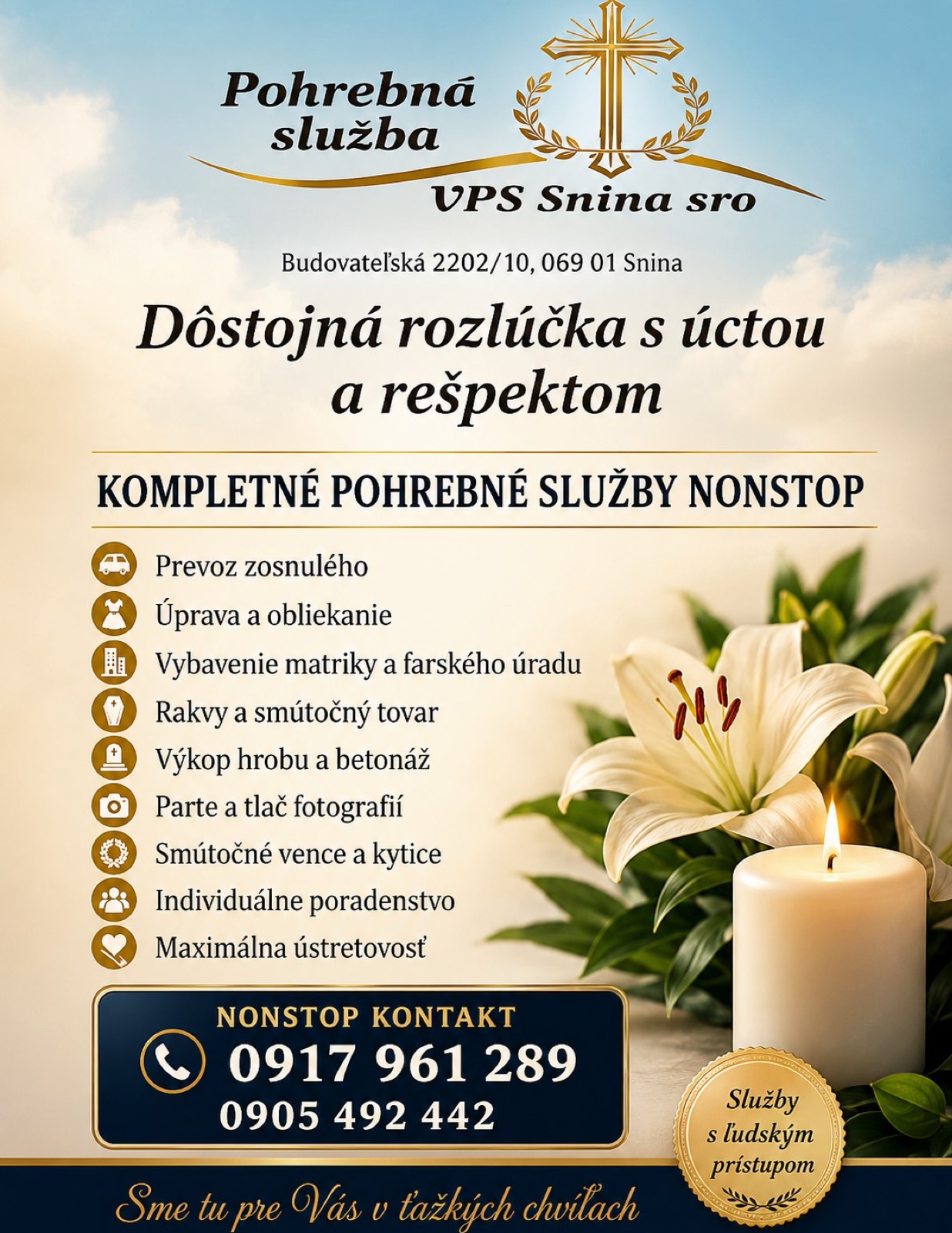 Leták Posledná rozlúčka s úctou – pohrebné a cintorínske služby VPS Snina